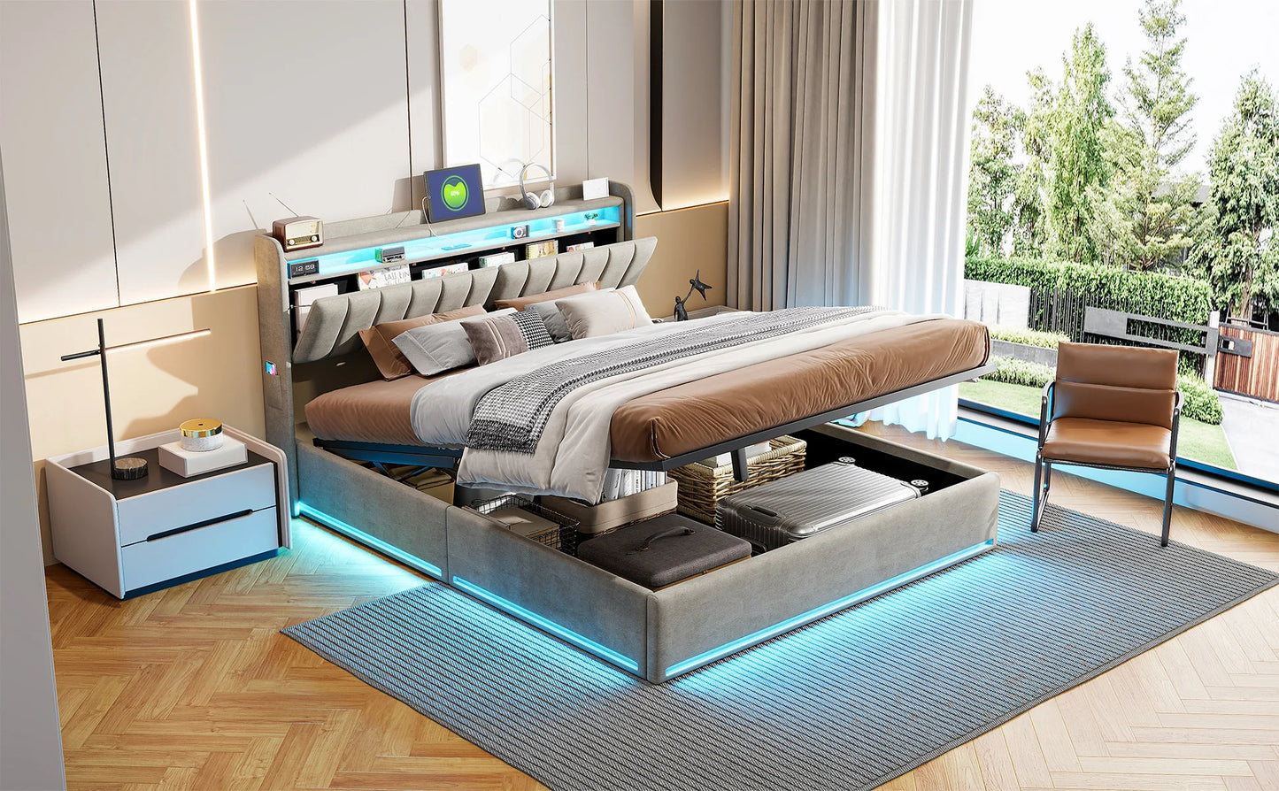 Bett 140 x cm mit LED-Box und USB, Polsterbett 140 x 200 mit LED-Licht gepolstertes Bett mit Stauraumbett 2 Personen