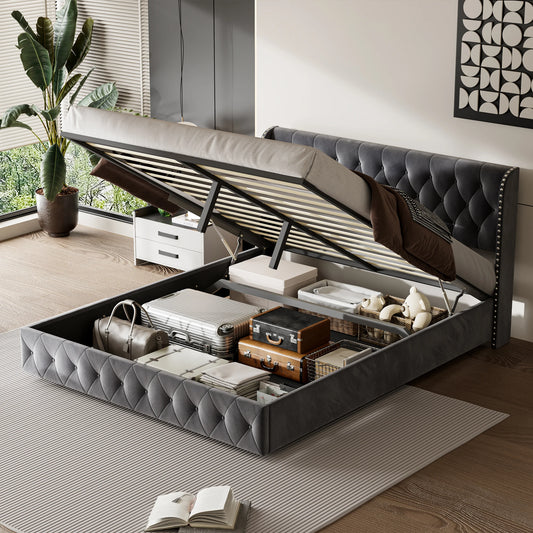 RosahqndaPolsterbett mit Lattenrost und Kopfteil, Boxspringbett mit großem Stauraum, für Erwachsene & Jugendliche, ohne Matratze