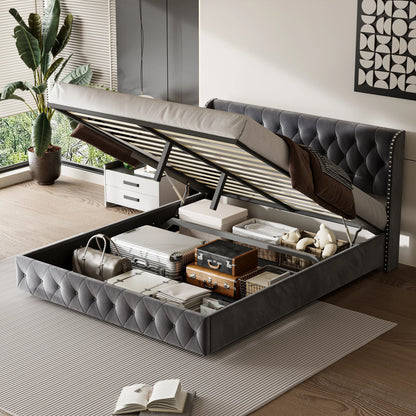 RosahqndaPolsterbett mit Lattenrost und Kopfteil, Boxspringbett mit großem Stauraum, für Erwachsene & Jugendliche, ohne Matratze