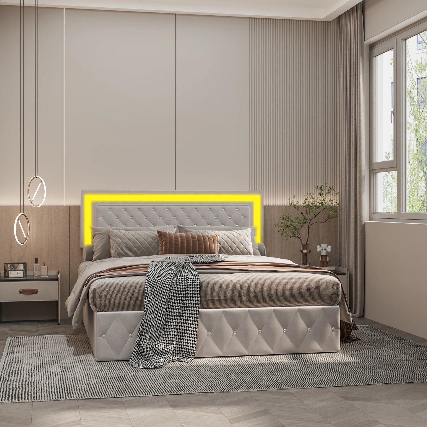 Rosahqnda gepolstertes Doppelbett 140 x 200 cm mit LED-Beleuchtung, hydraulischem Stauraumbett und Lattenrost, Funktionsbetten, Samt