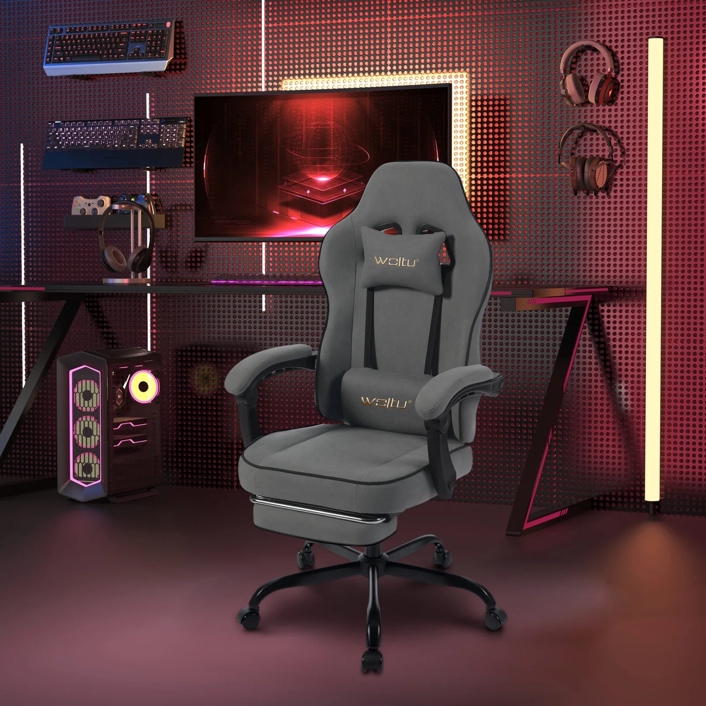 WOLTU Drehbarer Gamer-Stuhl, Gaming-Stuhl, ergonomischer Büro-Computerstuhl mit Lendenkissen, Fußstütze