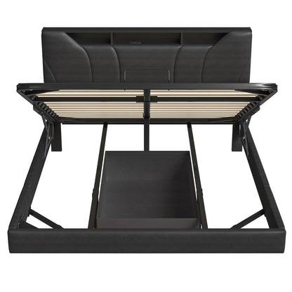 Rosahqnda Soft Bed,Air Pressure Storage Bed, with LED and USB Charging Ports,Adjustable Headboard,Bedroom,Adults,Youth,Black PU