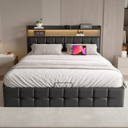 Rosahqnda Polsterbett 140x200 cm mit Lichtleiste, Stauraumbett mit Kopfteil, Doppelbett mit Lattenrost für 2 Personen,PU,Schwarz