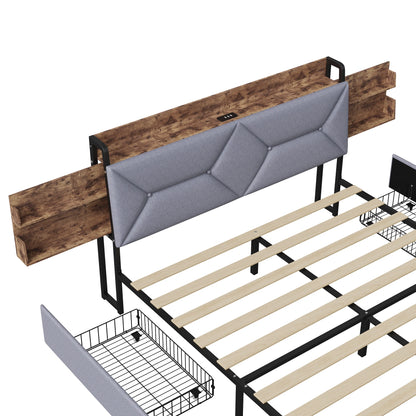 Bett 140 x 200 mit USB, Doppelbett mit 4 Schubladen, Kopfteil mit ausziehbarem Stauraum, Erwachsenenbett mit Lattenrost