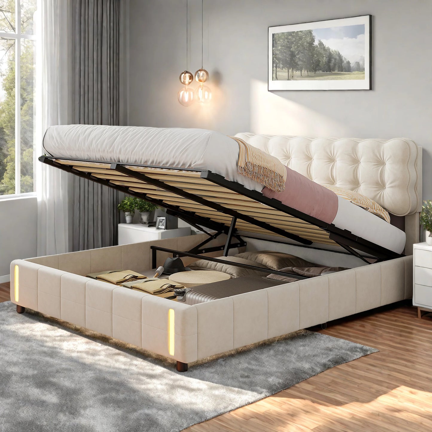 Doppelbett 140x200 cm mit LED-Beleuchtung und Stauraum, Luftdruckbett, Lattenrost, Samt, beige, ohne Matratze