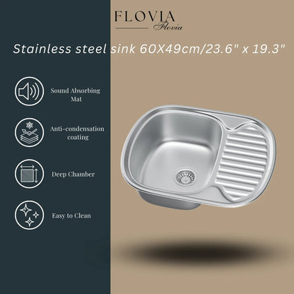 60 x 49 cm Ovales Spülbecken aus Edelstahl mit Abtropffläche – Einbauspüle, reversibel, modernes Design mit einem Becken
