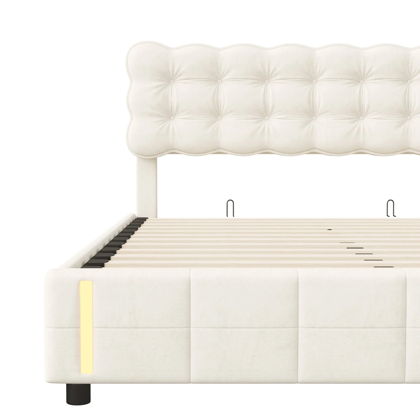 Doppelbett 140x200 cm mit LED-Beleuchtung und Stauraum, Luftdruckbett, Lattenrost, Samt, beige, ohne Matratze