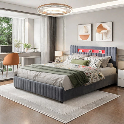 Rosahqnda 140x200 Bett mit Stauraum und Untergestell, gepolstertes Bett mit Stauraum, Doppelbett mit LED, Bettgestell aus Samt, mit Lattenrost, Grau