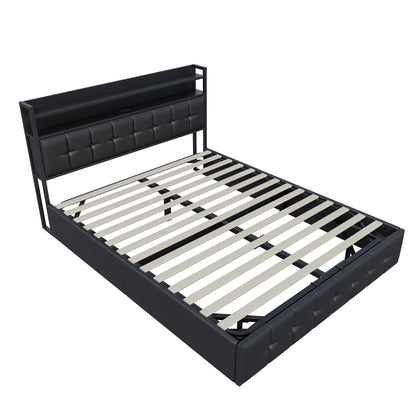 Rosahqnda Polsterbett 140x200 cm mit Lichtleiste, Stauraumbett mit Kopfteil, Doppelbett mit Lattenrost für 2 Personen,PU,Schwarz