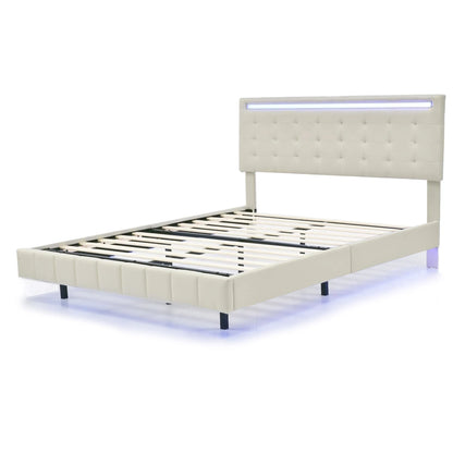 Rosahqnda Polsterbett 140/160x200cm, Doppelbett mit LED, 2 USB, schwebender Bettrahmen, Holzlattenrost, graues Leinen