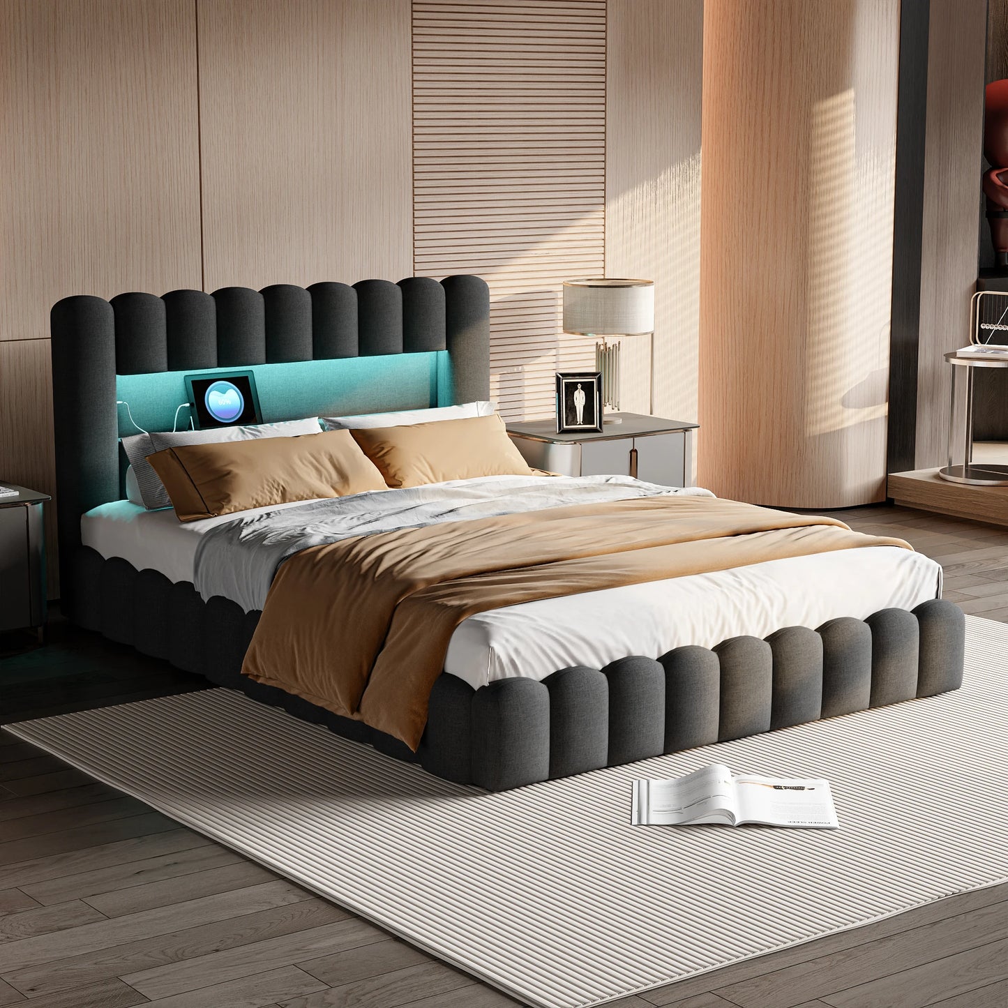 Rosahqnda Polsterbett mit LED- und USB-Anschluss, Leinenbaumstumpfbettgestell mit Kopfteil, 140 x 200 cm großes hydraulisches Bett ohne Matratze