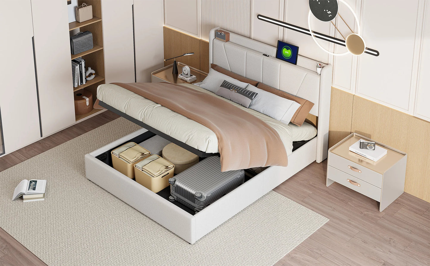 RosahqndaPolsterndes Doppelbett mit Stauraum unter dem Bett, LED-Kopfteil mit USB/Typ C, Bettgestell mit Stauraum und Lattenrost