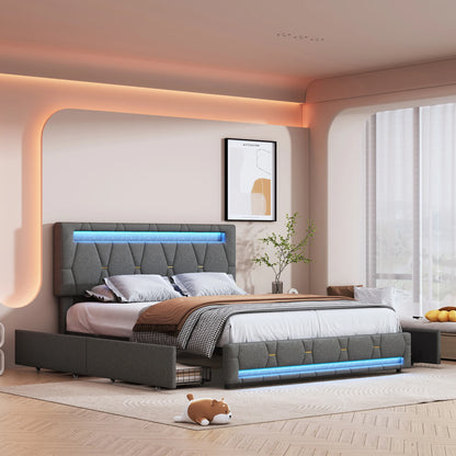 Rosahqnda Polsterbett 140 x 200 cm, Doppelbett mit LED-Beleuchtung, 4 Schubladen und Lattenrost, USB-Ladefunktion, hydraulisches Bett