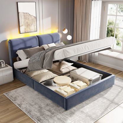 Comanlai Polsterbett, 160 x 200 cm, mit Lattenrost und Stauraum, hydraulisches LED-Bett mit Stauraum, ohne Matratze, Samt, Grau