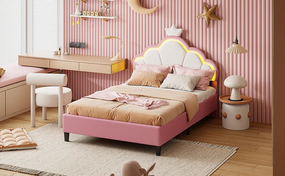 Rosahqnda Kinderbett, Gepolstertes Einzelbett, LED-Beleuchtung, Prinzessinnen-Mädchenbett mit Kronenblüten-Kopfteil, Lattenrost