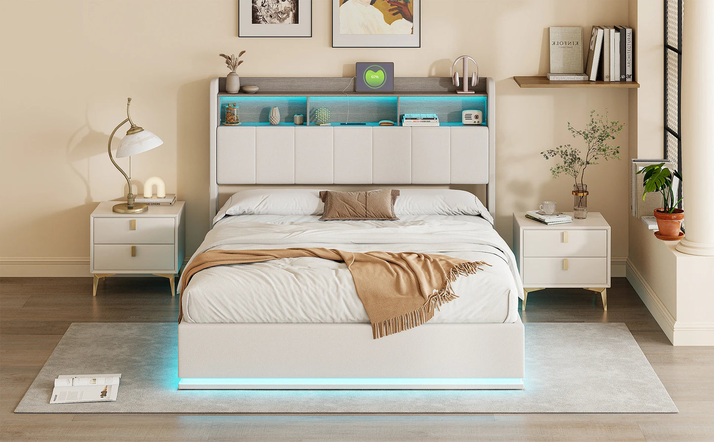 Rosahqnda hydraulisches Doppelbettgestell 140–160 x 200 cm mit LED, USB und großem Stauraum, gepolstertes Gästebett, Teenager-Wohnbett, Samt