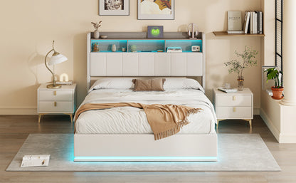 Rosahqnda Polsterbett, Hydraulisches Doppelbett mit LED-Lichtleiste und großem Stauraum, 140-160 x 200 cm, Weiß/Grau