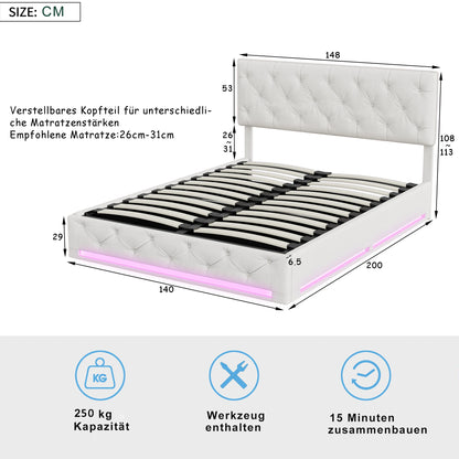 ROSAHQNDA Modernes Polsterbett, LED-Kastenbett mit großem Stauraum, elegantes Doppelbett aus Leinenstoff ohne Matratze