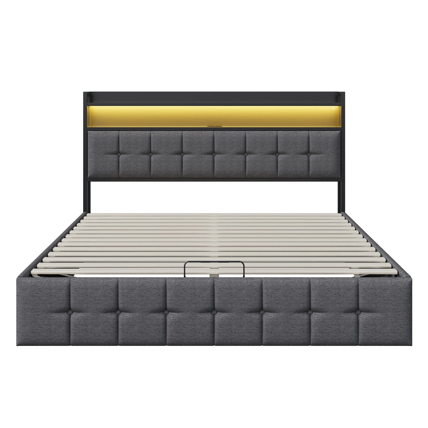 Rosahqnda Polsterbett 140 x 190 cm Doppelbett mit LED und USB, gepolsterter Bettrahmen mit Kopfteil und Lattenrost, Höhe 32 cm