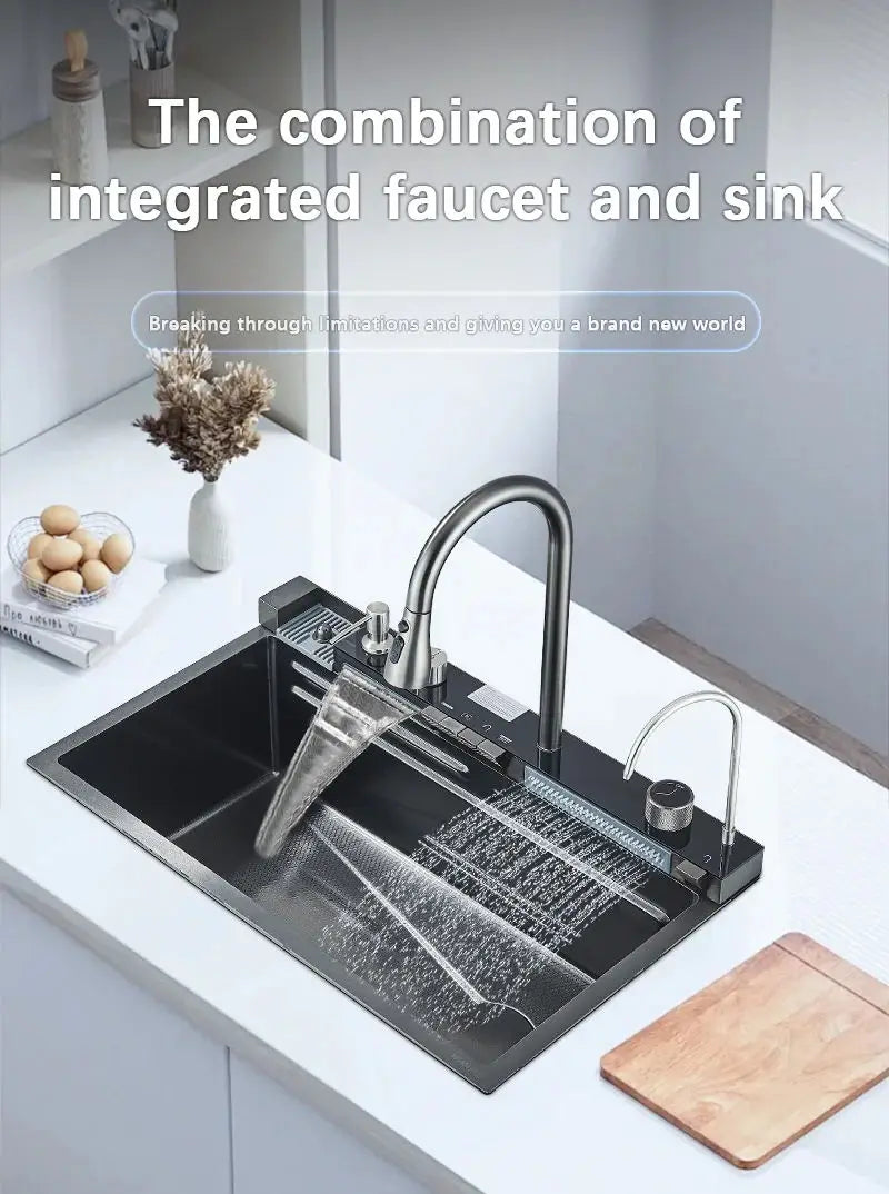 Wasserfall-Küchenspüle aus Edelstahl 304, großes Einzelschlitz-Wasserhahn-Set mit integrierter Digitalanzeige, Seifenspender, Tassenwascher