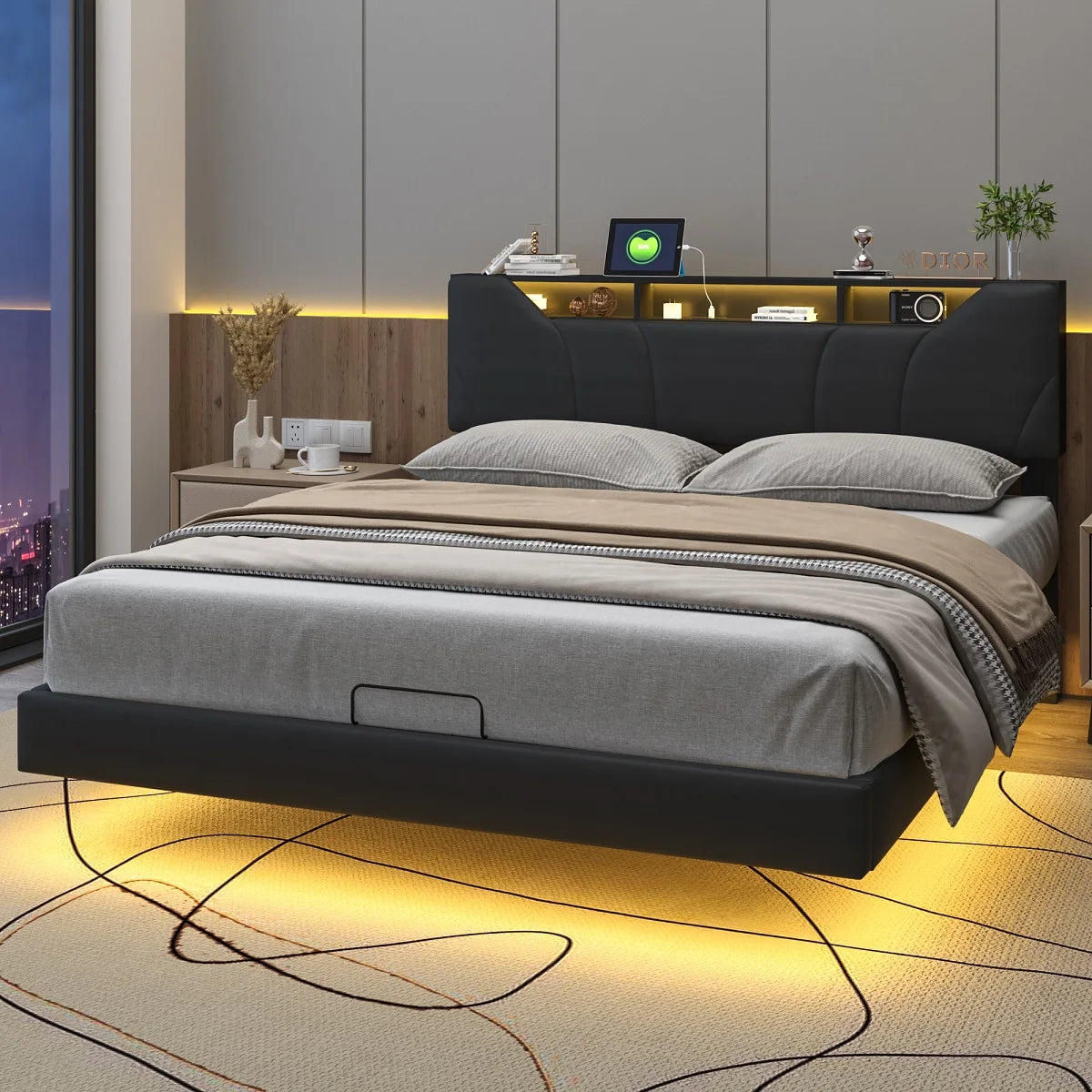 Doppelbett160x200cm,Polsterbett mit USB und LED,schwimmendes Bett mit Hydraulik&verstellbarem Kopfteil,PU,Schwarz,Ohne Matratze