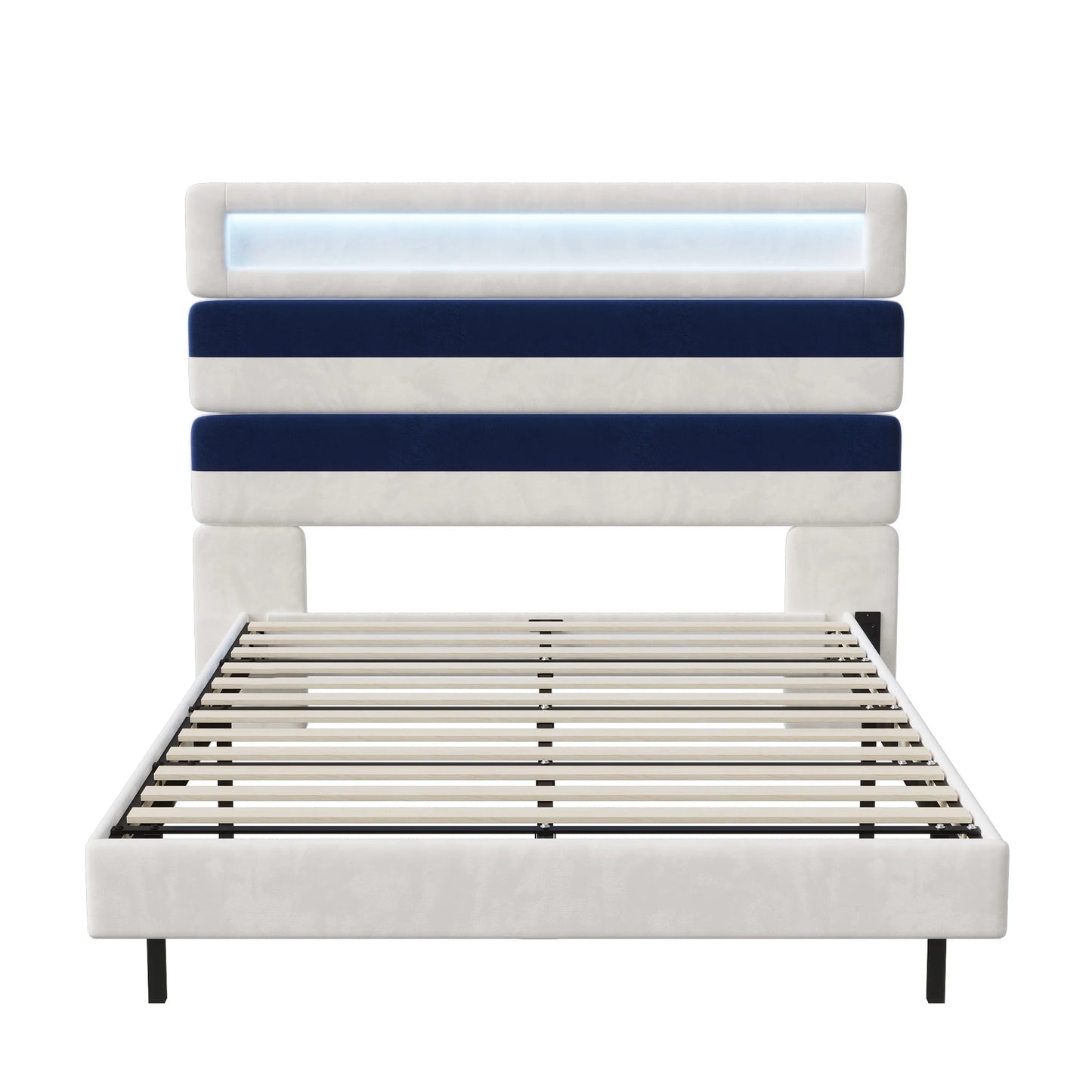 Anajqaqia 140 x 190 cm gepolstertes Bett, Doppelbett mit USB-Ladeanschluss, Kopfteil und Unterbett mit Lichtleiste, Samt