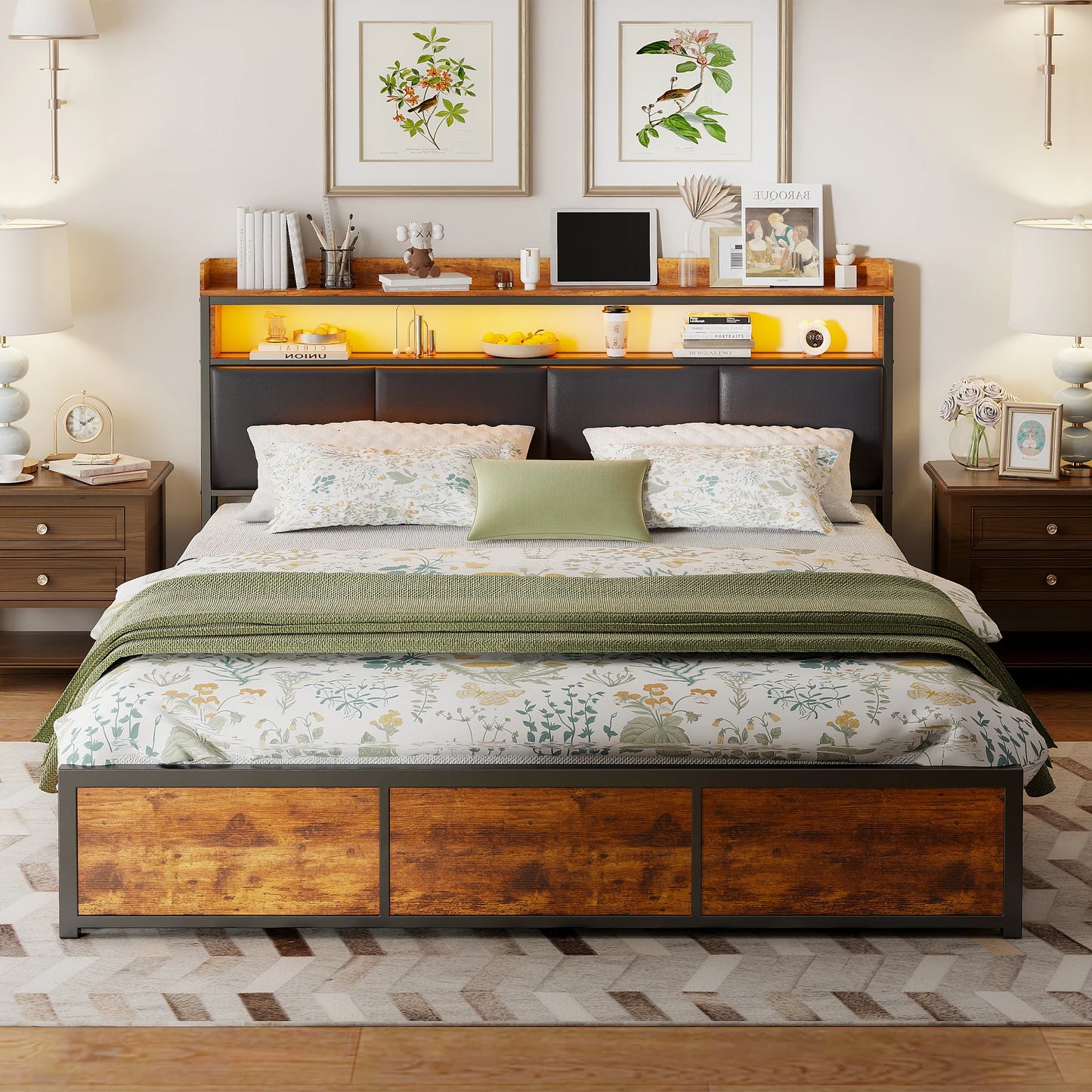 Comanlai Polsterbett, 180 x 200 cm, Eisenrahmen, Doppelbett mit LED-Leuchten und 4 Schubladen, gepolstertes Bett mit Lattenrost