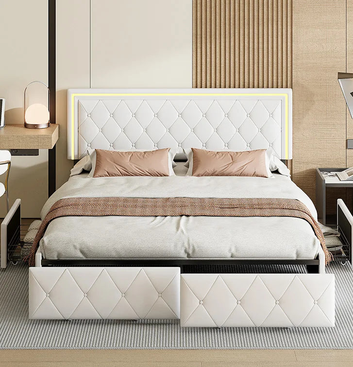 ROSAHQNDA Modernes Kunstlederbett mit Schubladen, LED-PU-Doppelbettgestell mit Stauraum, 140/160 x 200 cm, ohne Matratze