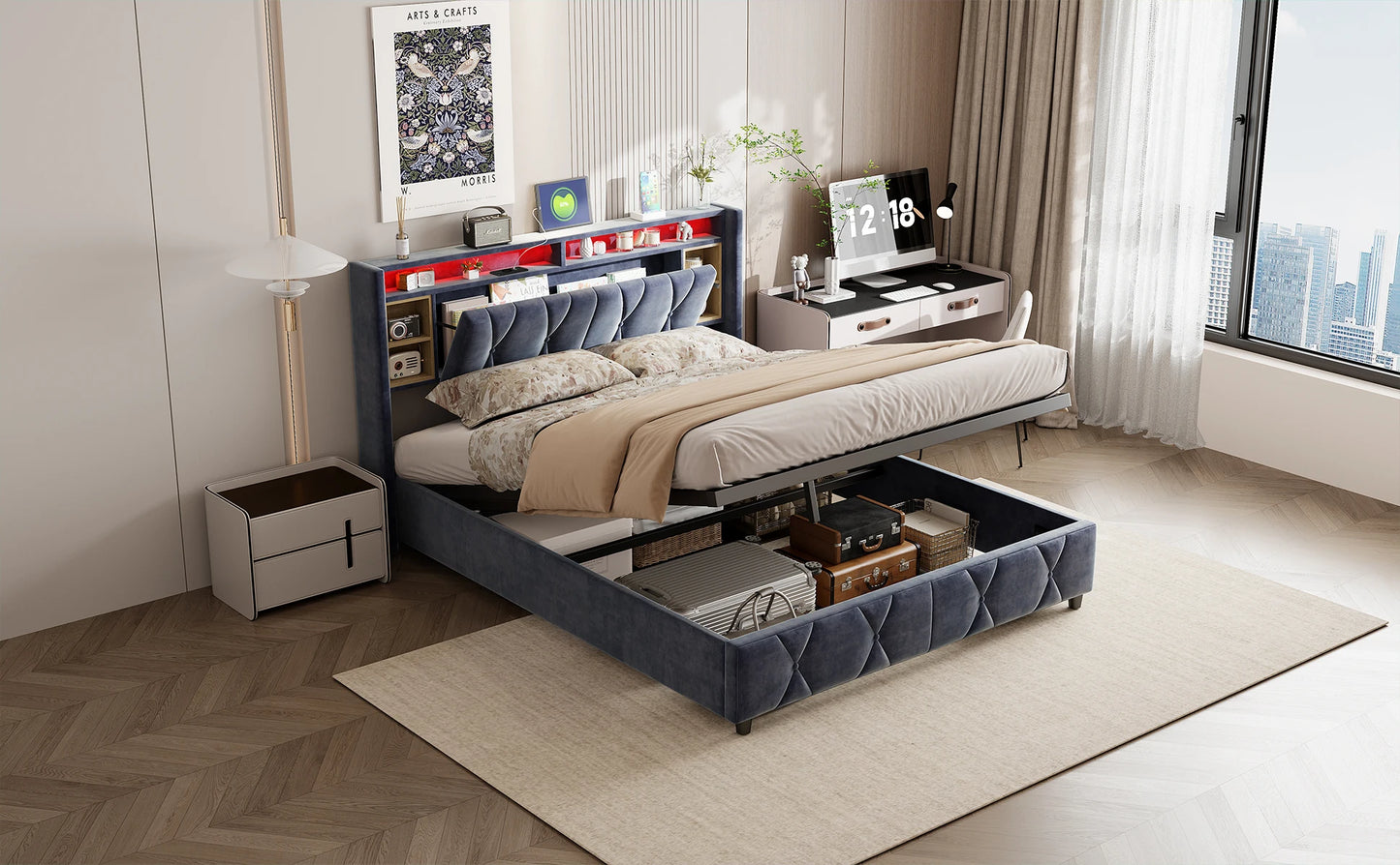 Rosahqnda Doppelbett， mit USB und LED, Polsterbett mit Stauraum und Kopfteil, Bettrahmen mit Holzlattenrost, Samt，grau