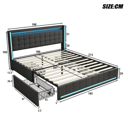 Rosahqnda Modern Double Bed with Drawers,Sockets,Led,Solid Metal,Headboard and Bed Frame with Storage,Teen Bed,Linen,Dark Grey
