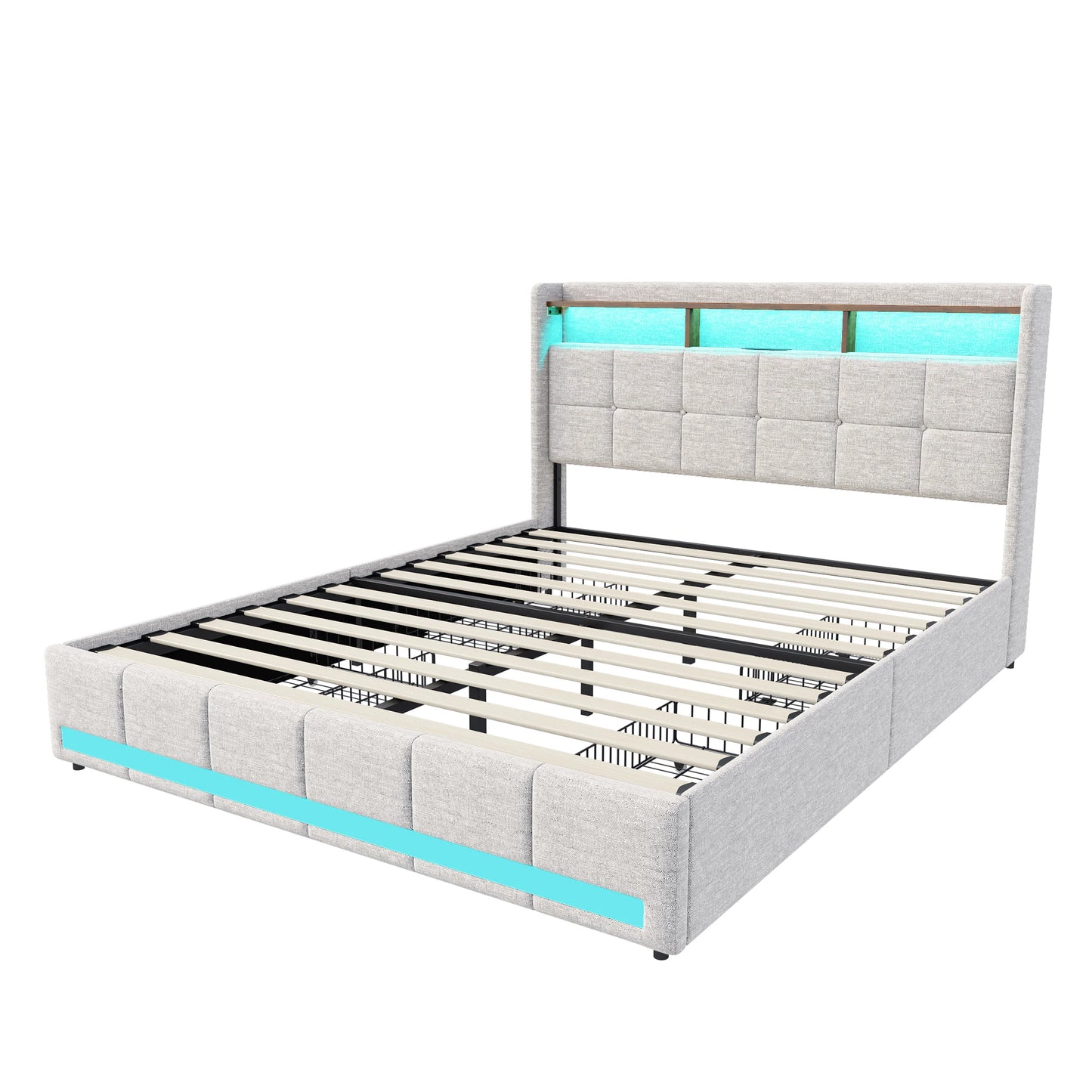 Double Bed,Upholstered Bed with LED and USB Charging Port,4 Drawers and Storage Backrest for Adults or Teen Bedrooms,Beige/Grey