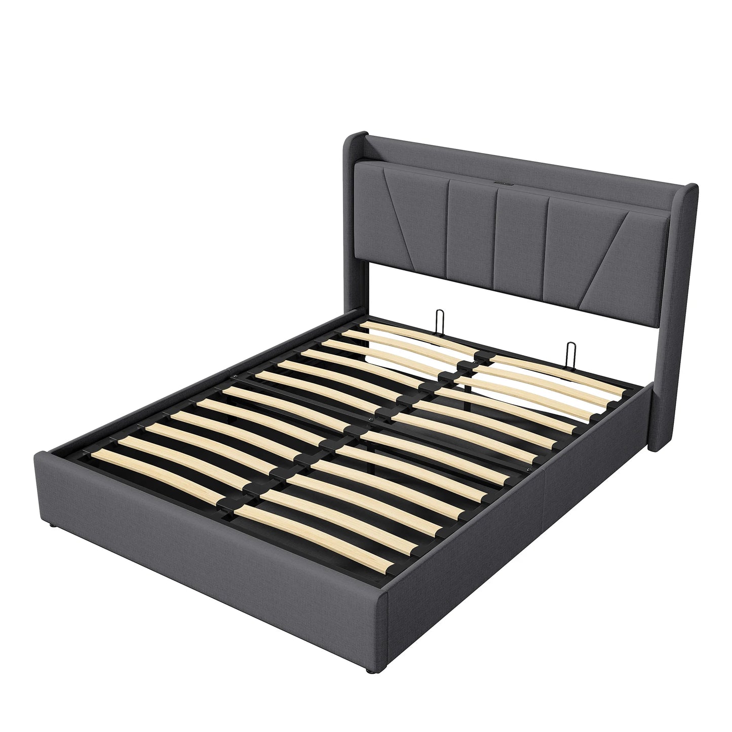 Double Bed,Storage Back and USB Rechargeable,Large Storage Bed,Suitable for Adults or Teenagers,Beige/Grey,Linen
