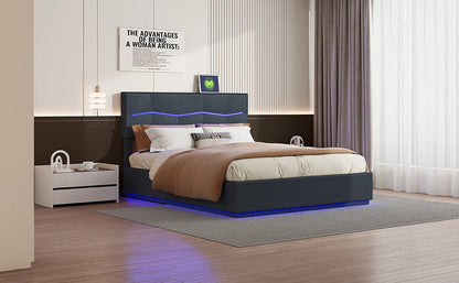 Rosahqnda Doppelbettgestell 140-160-180*200cm Polsterbett mit LED & USB & viel Stauraum, Jugendgästebett, PU, Beige/Schwarz