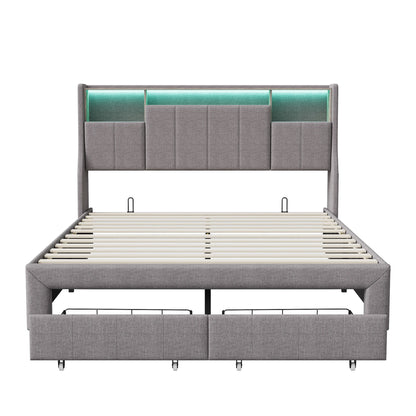 Rosahqnda LED-Polsterbett für Doppelbett mit 2 Schubladen, Kopfteil mit Stauraum und USB, Jugendbett mit Stauraum, Leinen