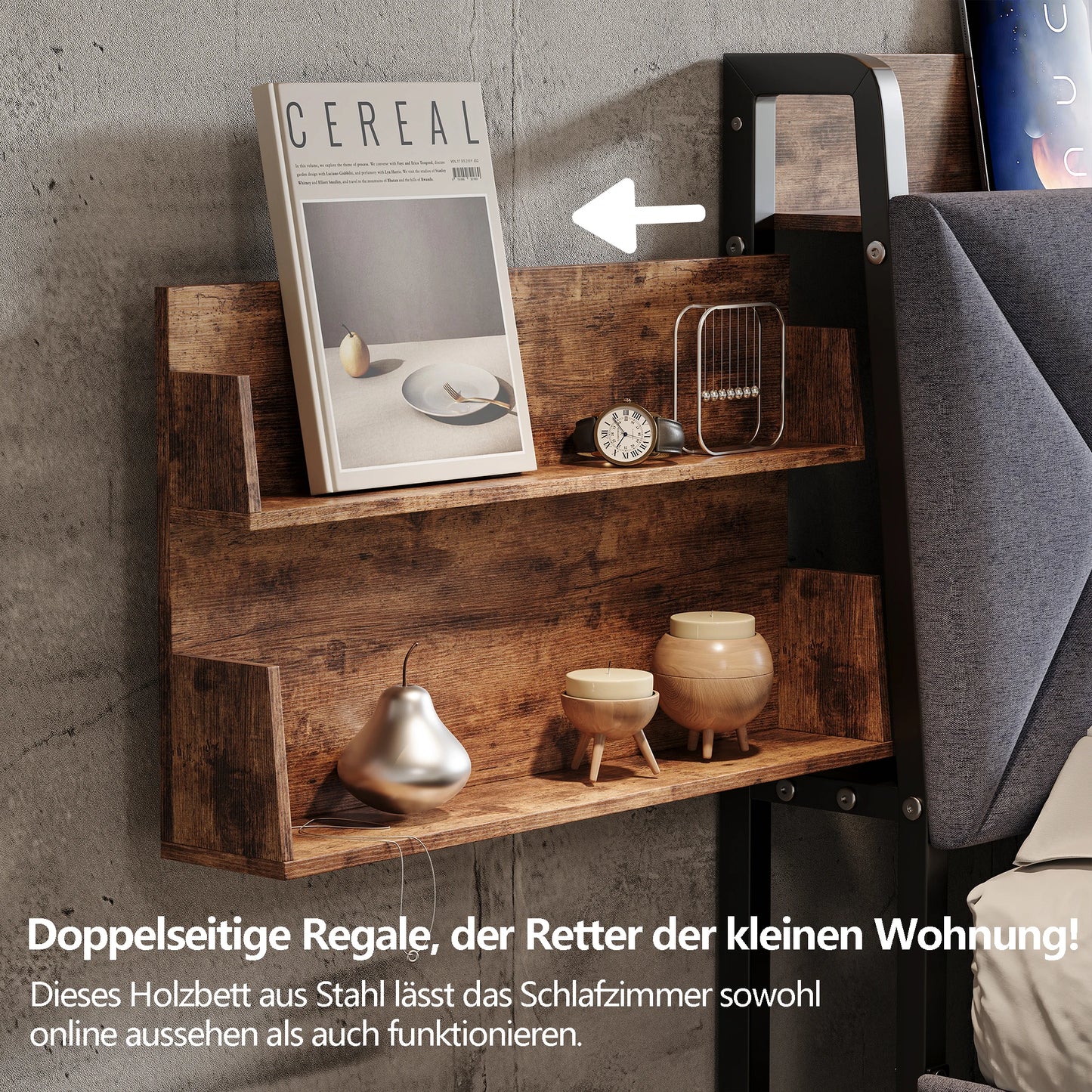 Bett 160 x 200 mit USB, Doppelbett mit 4 Schubladen, Kopfteil mit ausziehbarem Stauraum, Erwachsenenbett mit Lattenrost aus Holz