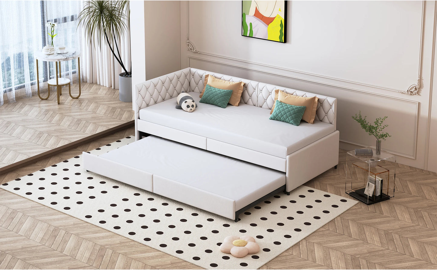 Rosahqnda gepolstertes Tagesbett 90 x 200 cm mit ausziehbarem Bett, Einzelbett, Schlafsofa, Tagesbettgestell mit Lattenrost