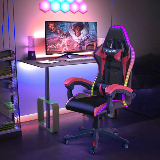 bigzzia Gaming Chair with LED RGB Gaming Chairs Ergonomic PC Chair with Headrest Gaming Chair RGB Light Lighting Computer Chair