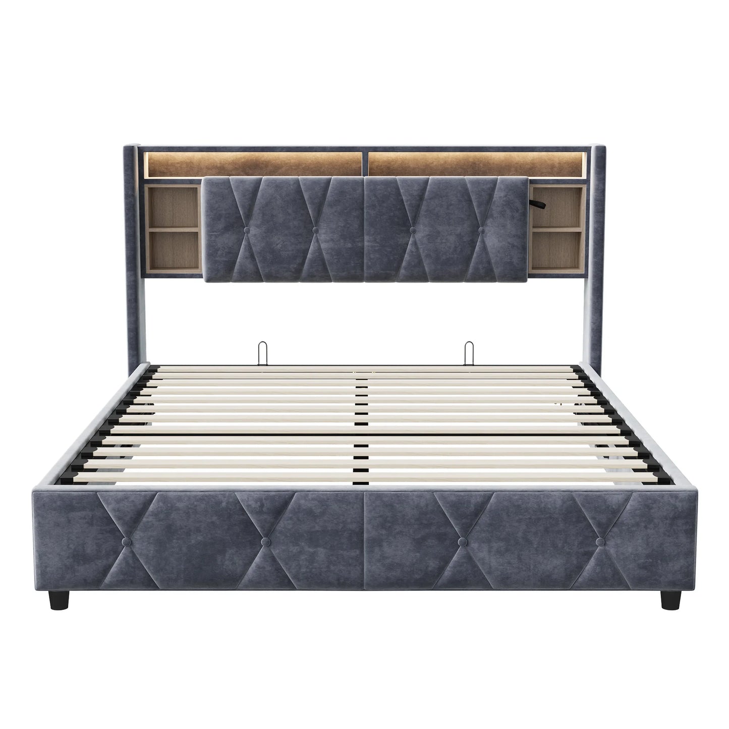 UrbanLuxe Bettgestell 140x200 cm mit LED-Lichtleiste und Dual-USB-Ladeanschluss, Bett mit Stauraum, Lattenrost, Samt, grau