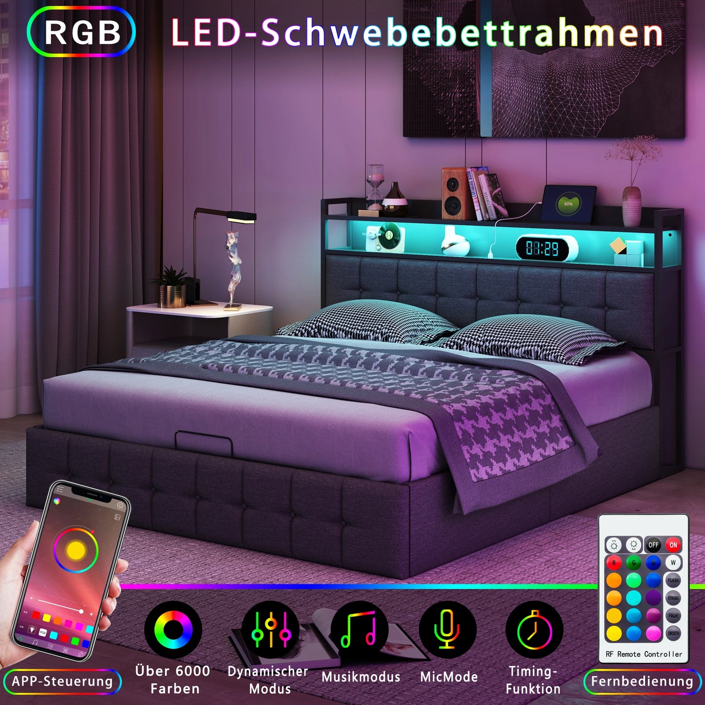 Rosahqnda Polsterbett 140 x 190 cm Doppelbett mit LED und USB, gepolsterter Bettrahmen mit Kopfteil und Lattenrost, Höhe 32 cm