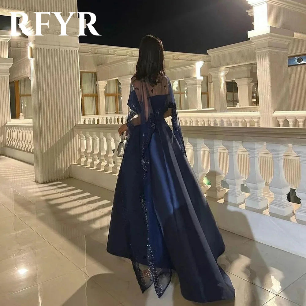 RFYR Marineblaues A-Linie-Satin-Abschlussballkleid mit Umhang, plissiert, knöchellang, für Damen, elegantes formelles Anlasskleid, Abendkleider, individuell gestaltet