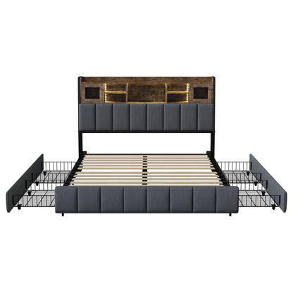 WoodenAura Polsterbett 140x200cm, Doppelbett mit 4 Schubladen, LED Kopfteil mit USB Ladefunktion, Rückenlehne Bett mit Stauraum
