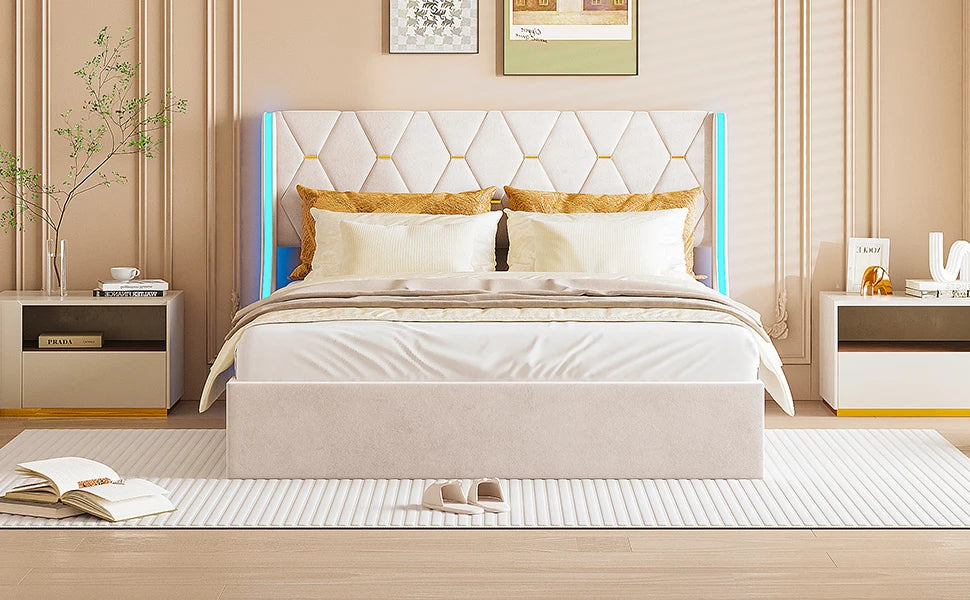 Rosahqnda Polsterbett, hydraulisches Doppelbett mit Lattenrost und LED-Kopfteil, Stauraumbett, Funktionsbettgestell in Flanell