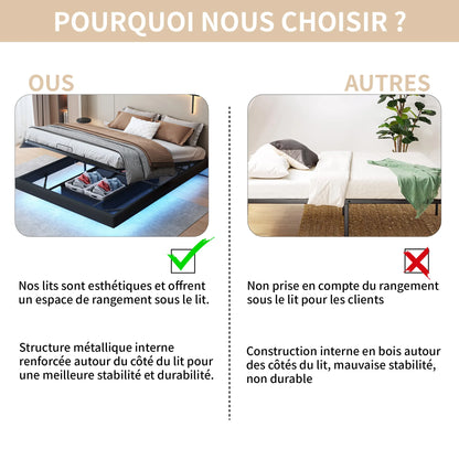 Rosahqnda Doppelbett 160 x 200 cm mit LED-Beleuchtung, Lattenrost aus Metall, schwebender Bettrahmen mit Licht, Schwarz (ohne Matratze)