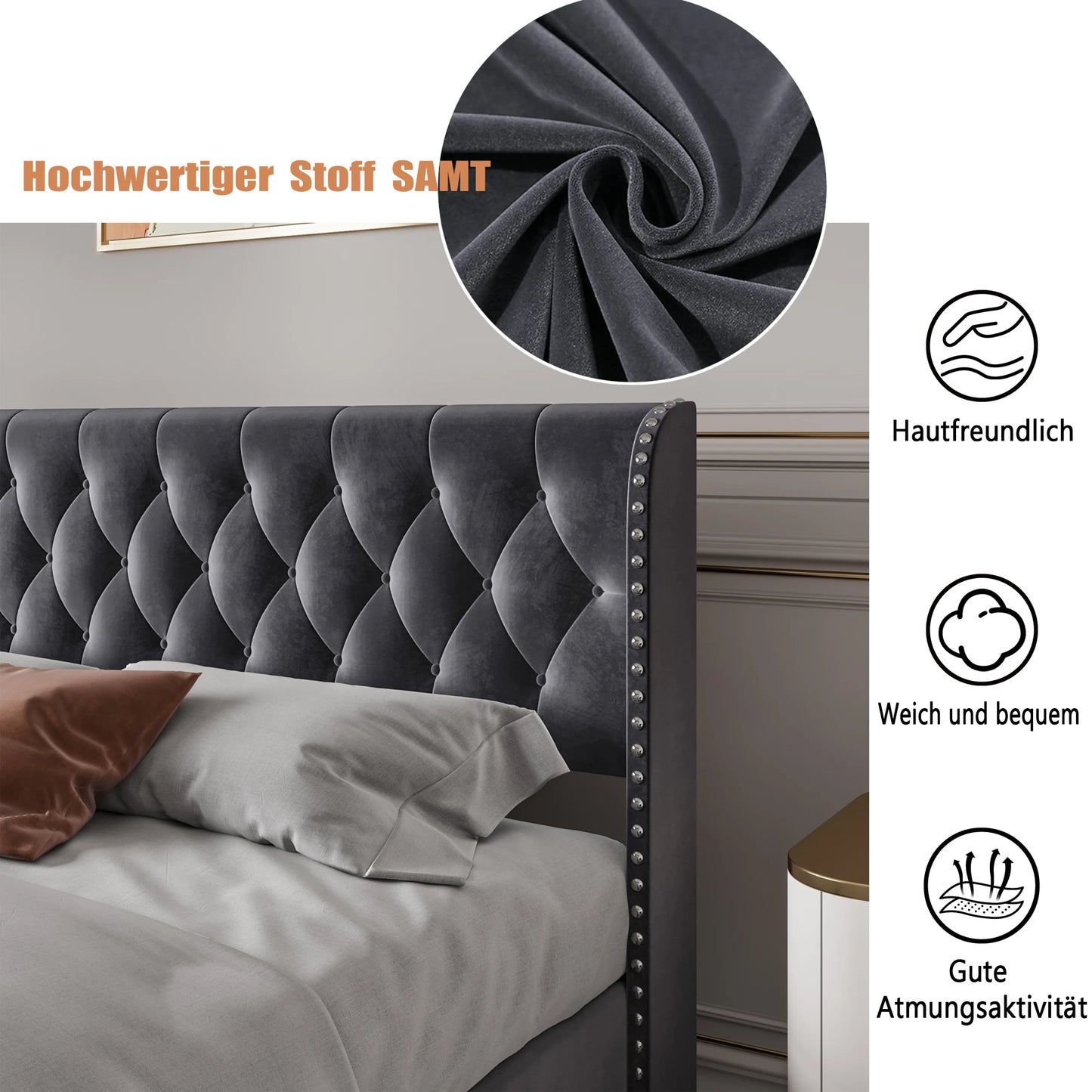 RosahqndaPolsterbett mit Lattenrost und Kopfteil, Boxspringbett mit großem Stauraum, für Erwachsene & Jugendliche, ohne Matratze