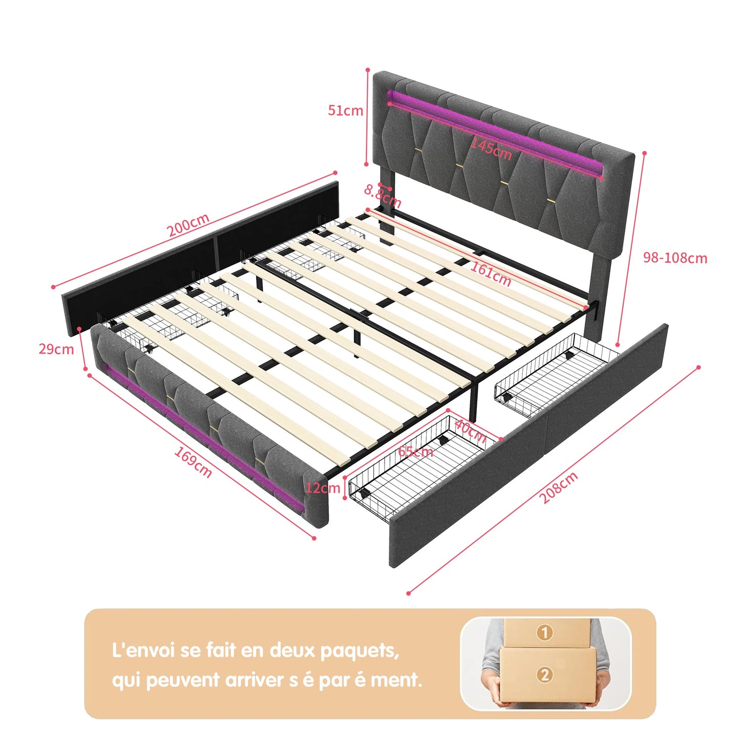 Rosahqnda  Polsterbett, Doppelbett ohne Matratze, Leinenbettrahmen mit Kopfteil-Rückenlehne, 4 Schubladen, Doppelbett