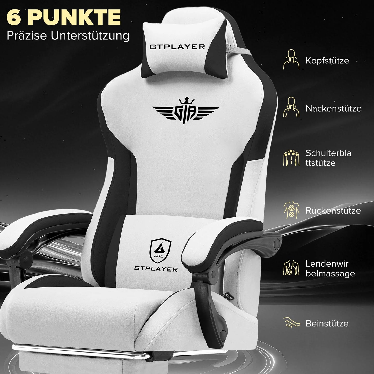 GTPLAYER Gaming Stuhl, Ergonomischer Gamer Stuhl aus Stoff mit Lendenwirbelstütze, PC-Stuhl mit verbreiterter Rückenlehne