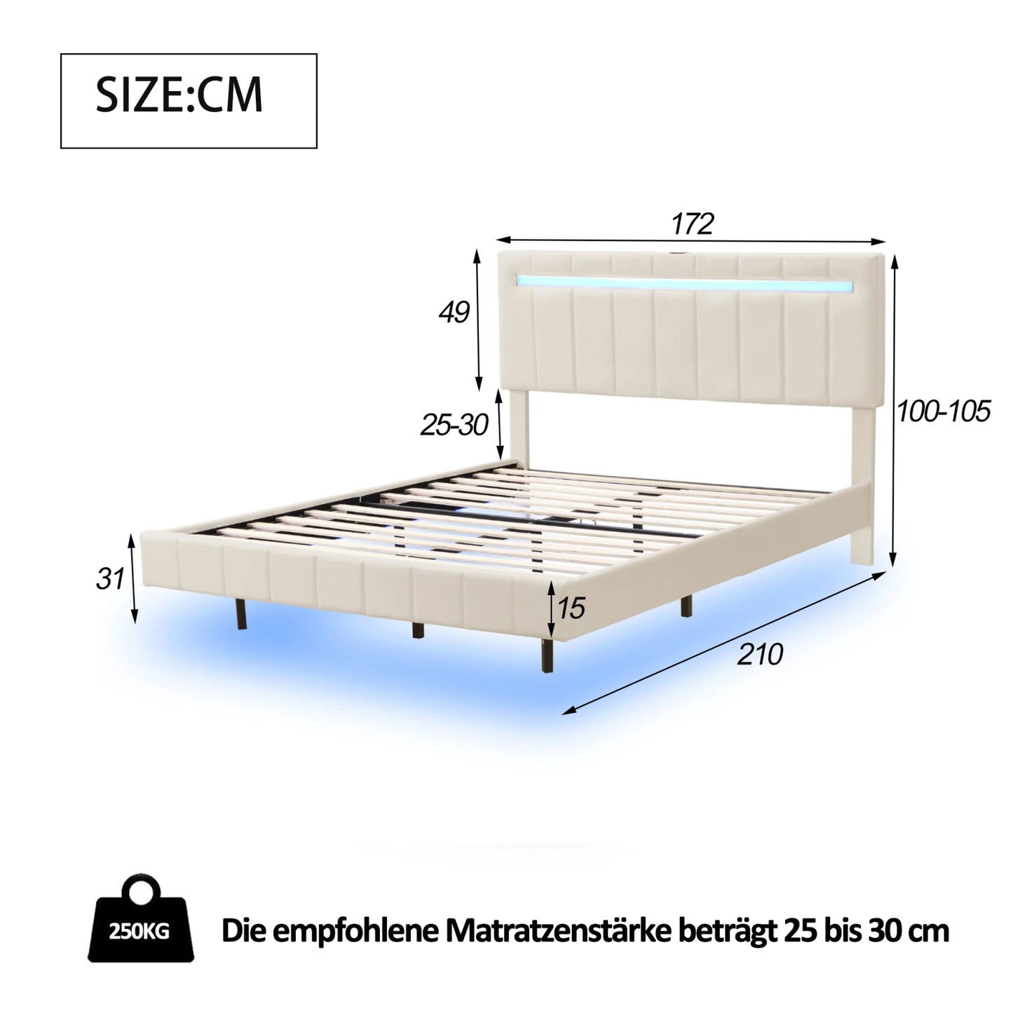 ROSAHQNDA Polsterbett 140/160 x 200 cm, LED-Schwebebettgestell mit USB-Ports, Doppelbett ohne Matratze, Leinenstoff
