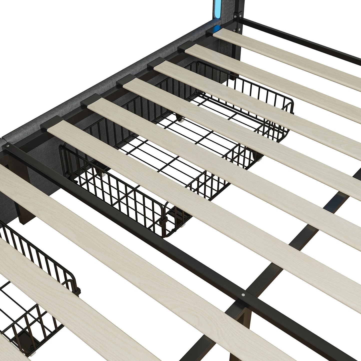 Rosahqnda Modern Double Bed with Drawers,Sockets,Led,Solid Metal,Headboard and Bed Frame with Storage,Teen Bed,Linen,Dark Grey