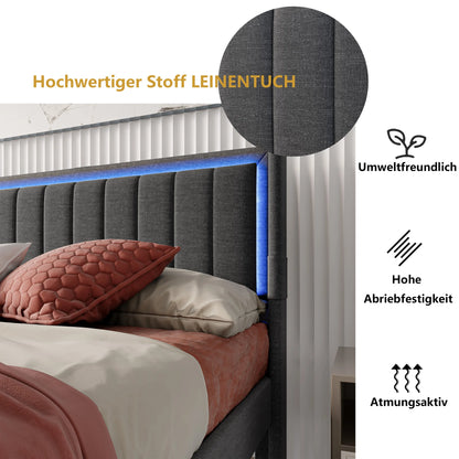 Rosahqnda Gepolsterter Bettrahmen mit LED, USB, Schubladen, Leinen Plattformbett 140-160-180×200cm,Jugendwohnungsbett,Gästebett