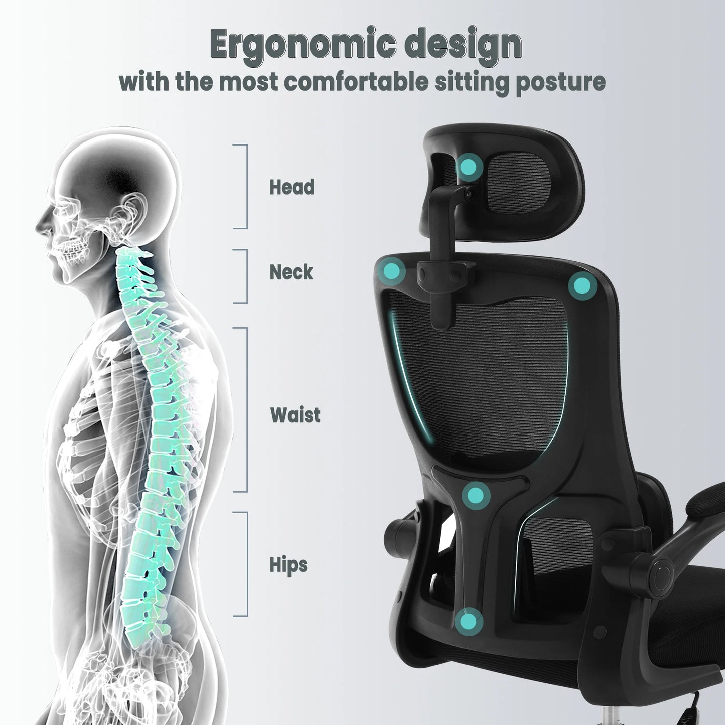 WOLTU Drehbarer Bürostuhl, ergonomischer Netz-Schreibtisch, Computerstuhl, höhenverstellbar, Schaukelfunktion, umkehrbare Armlehnen, Kopfstütze